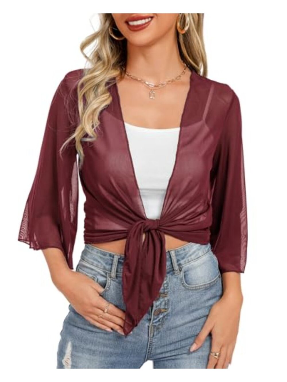 Women's Sheer Shrug Tie Front Bell Sleeve Summer Cropped Bolero Cardigan